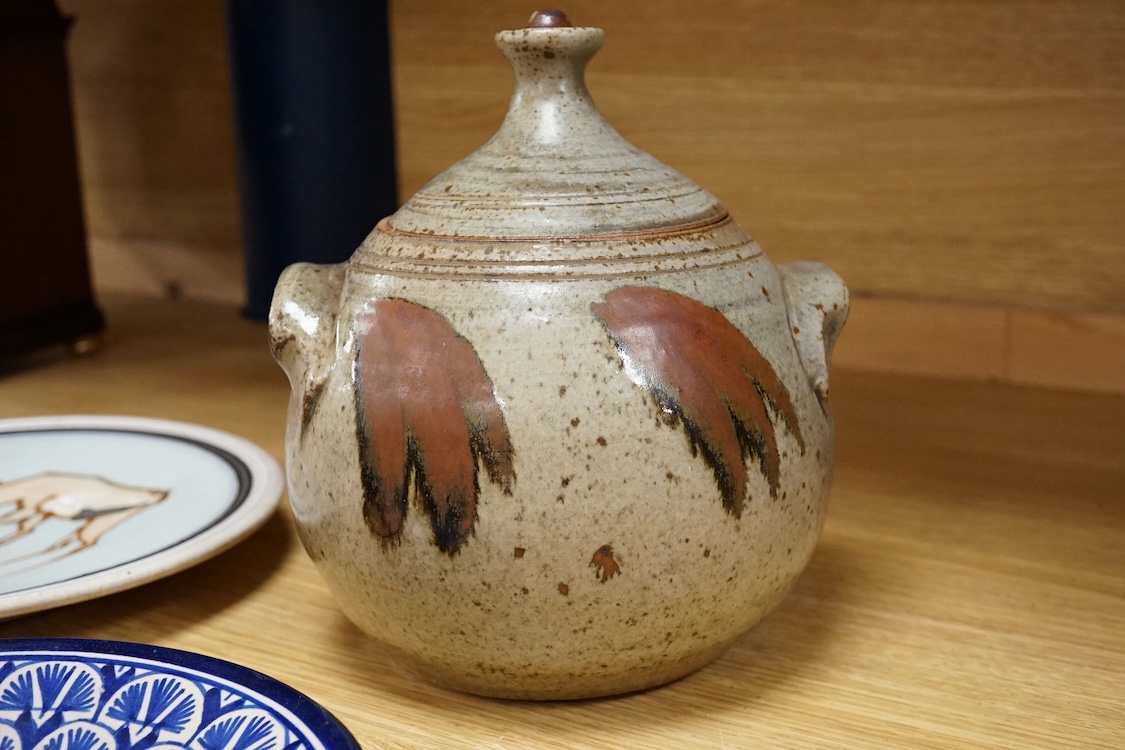 A group of five pieces of Studio pottery, some with impressed signatures to include a hexagonal jar and dishes, largest 25cm high